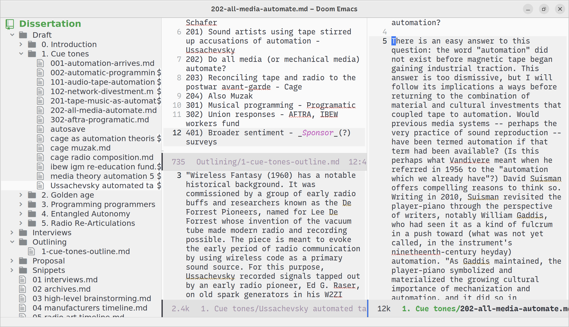Screenshot of three files open in the Emacs editor
